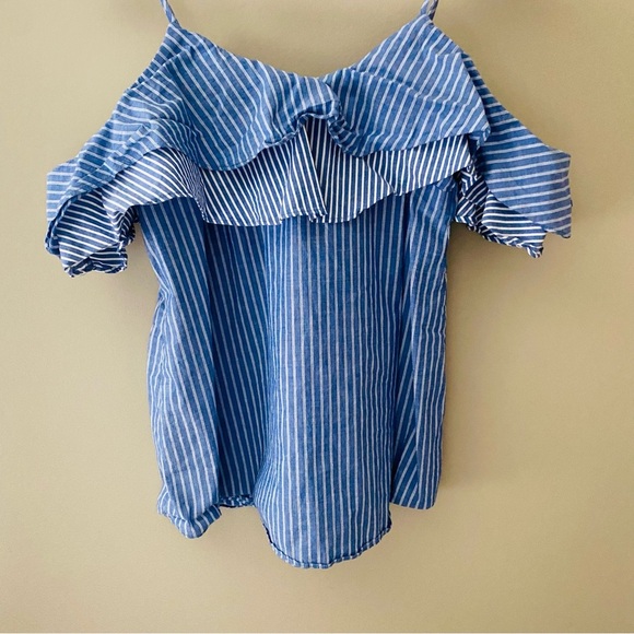 A New Day Striped Ruffle Off The Shoulder Blouse Blue Sz Small - Picture 3 of 10